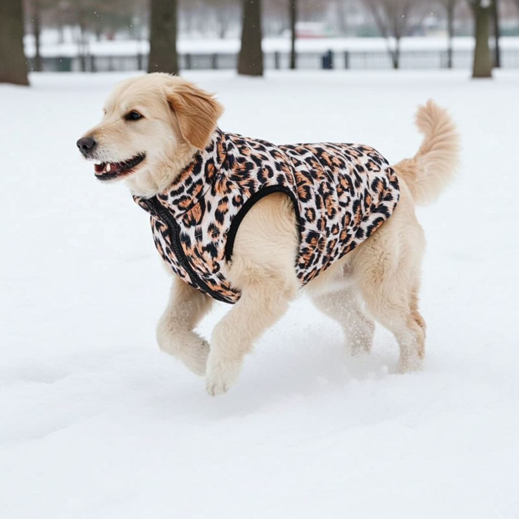 Dog wearing a leopard jacket for dogs running in the snow