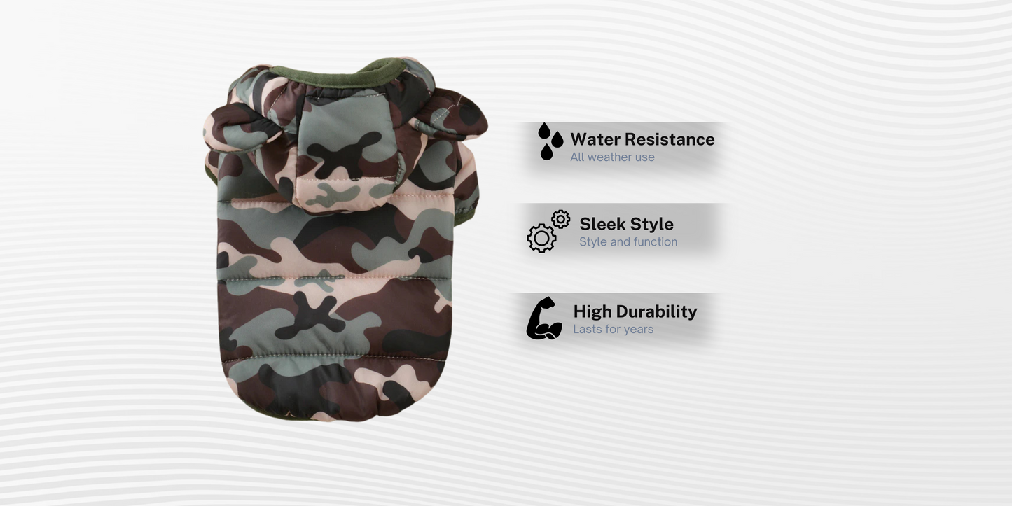 Camouflage dog boot with water resistance, sleek style, and high durability features on a white background
