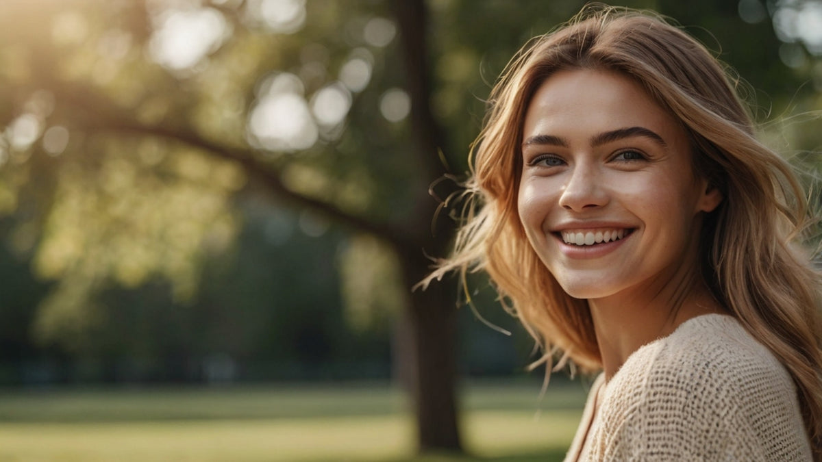 Woman smiling outdoors with trees in the background