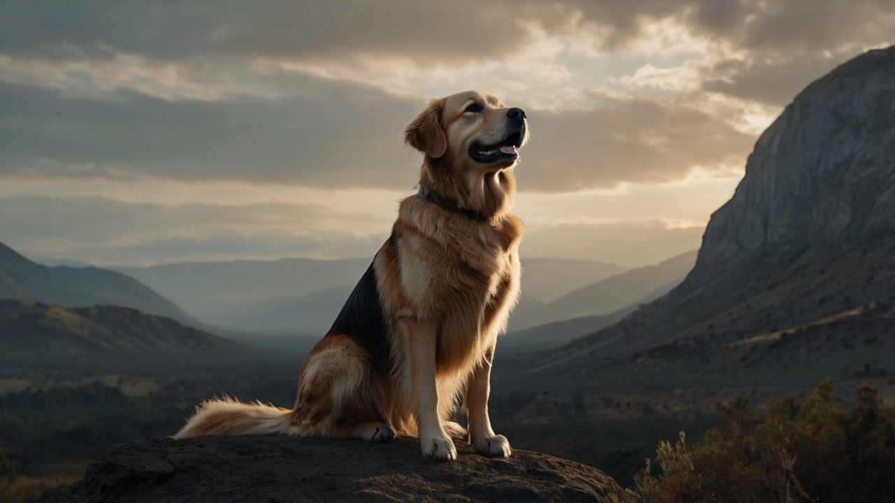 Dog sitting on a mountain top with a scenic view of mountains and clouds.