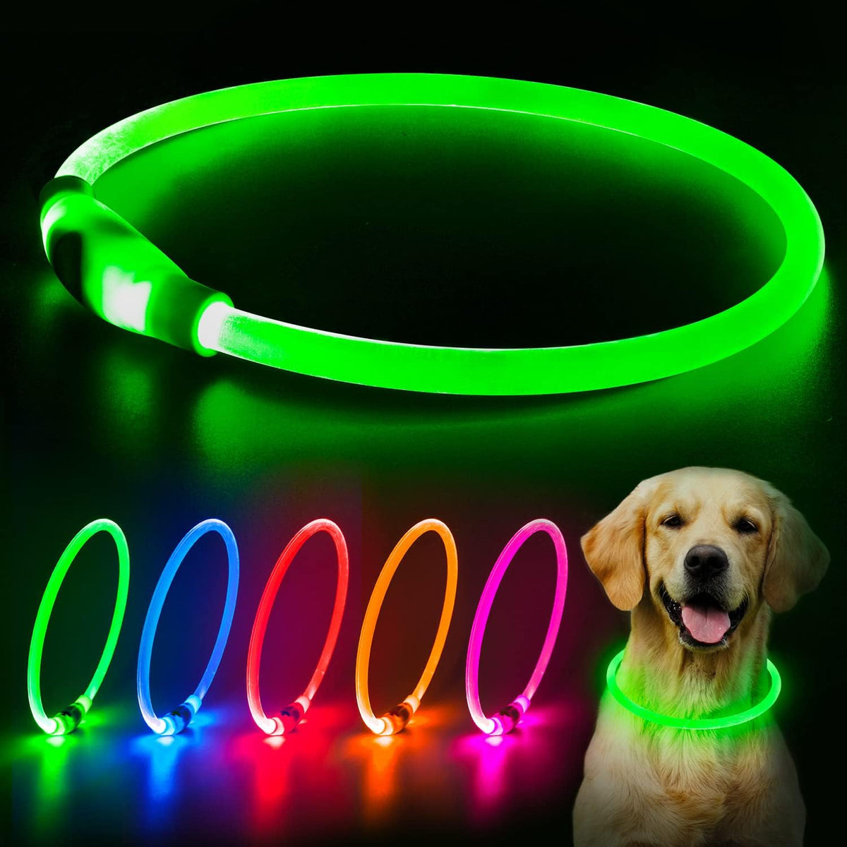 LED dog collar rechargeable in vibrant colors, perfect for nighttime visibility and safety