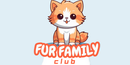 Cartoon fox character with 'Fur Family Club' text on a blue background