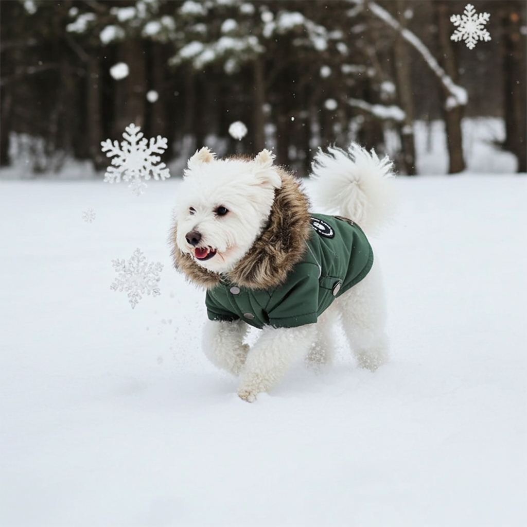 Happy dog wearing a winter dog jacket while playing in the snow outdoors