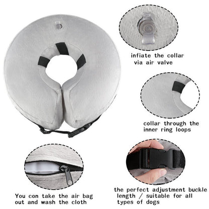 Inflatable Protective Cover for dogs and cats in gray with buckle design, featuring air valve, adjustable strap, and washable cloth cover.