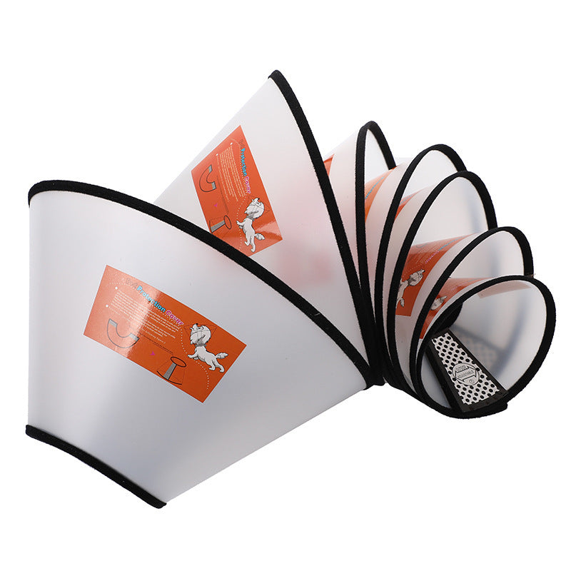 Set of white Anti-Eating Brebo pet cones with black trimming to prevent animals from biting or licking