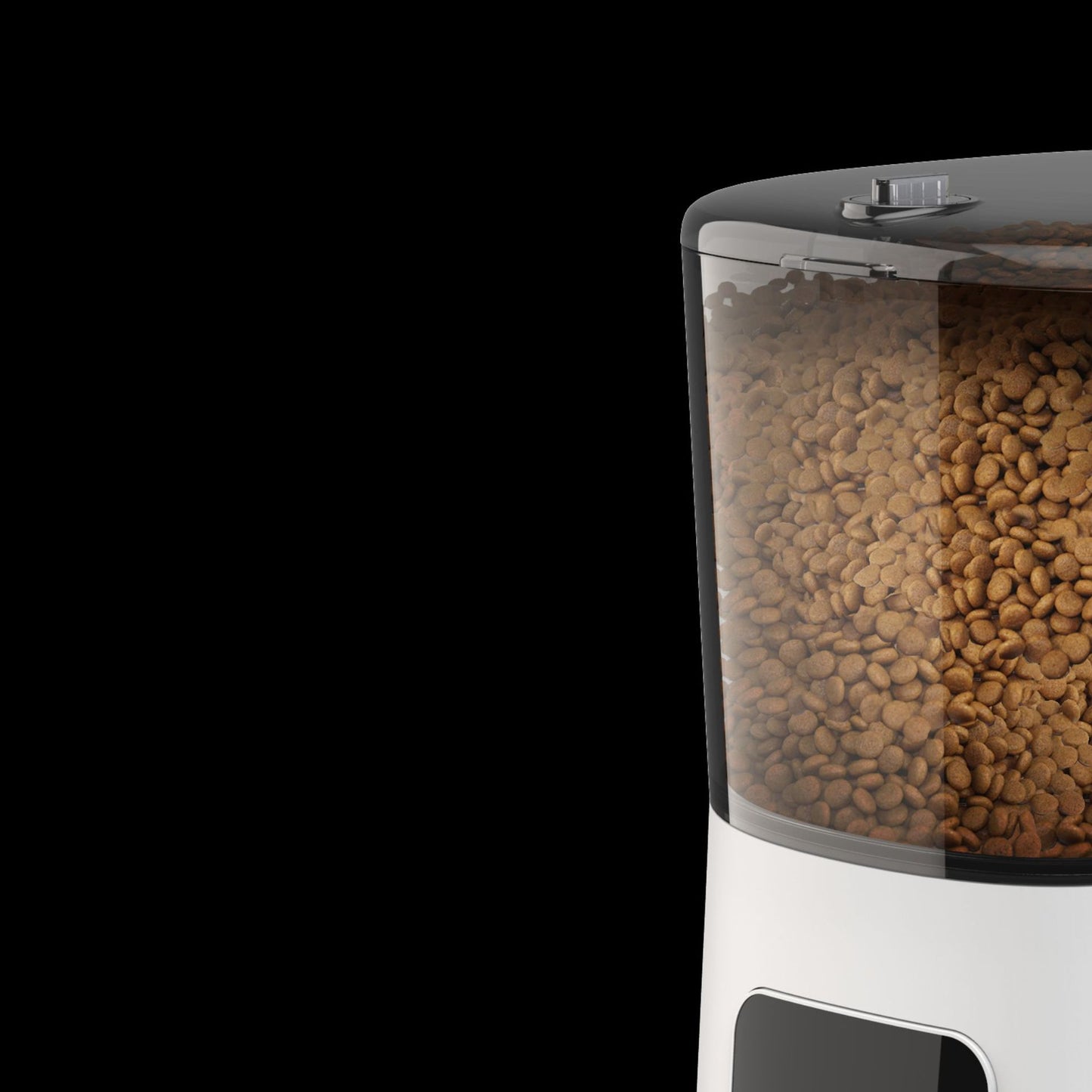 Close-up of an automatic pet feeder with a transparent container filled with brown pet food kibble