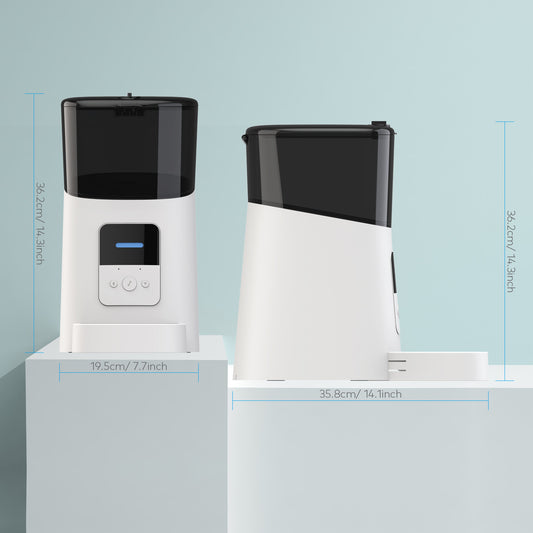 White and black automatic pet feeder with digital display and buttons for scheduled feeding