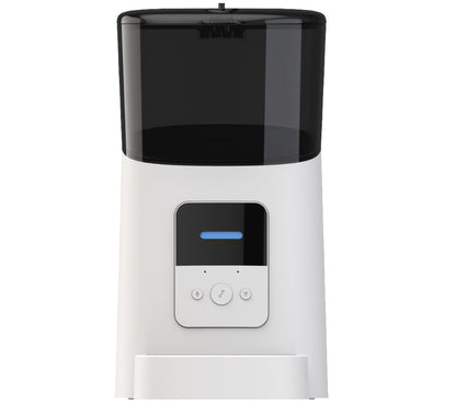 White and black automatic pet feeder with digital display and control buttons for pet feeding