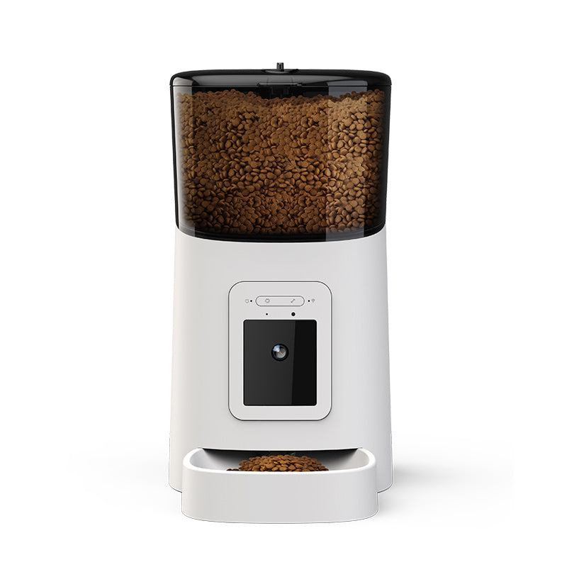 Automatic Pet Feeder With Camera dispensing dry pet food in white and black design