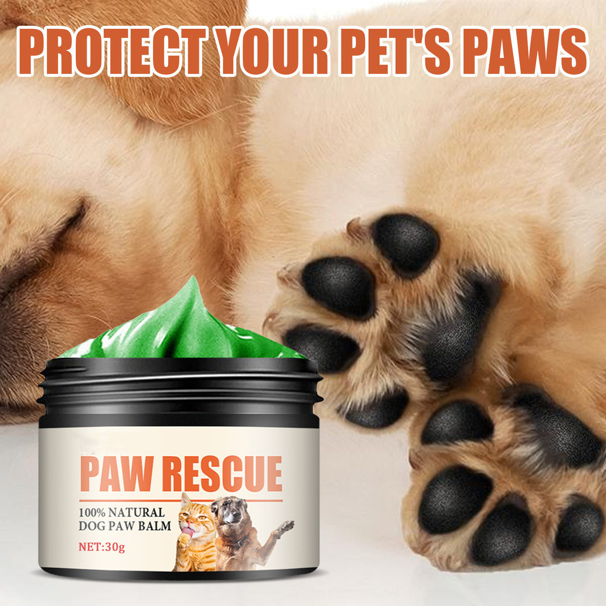 Furfamilyclub pet paw care cream for dogs in a jar with a cute puppy's paws in the background