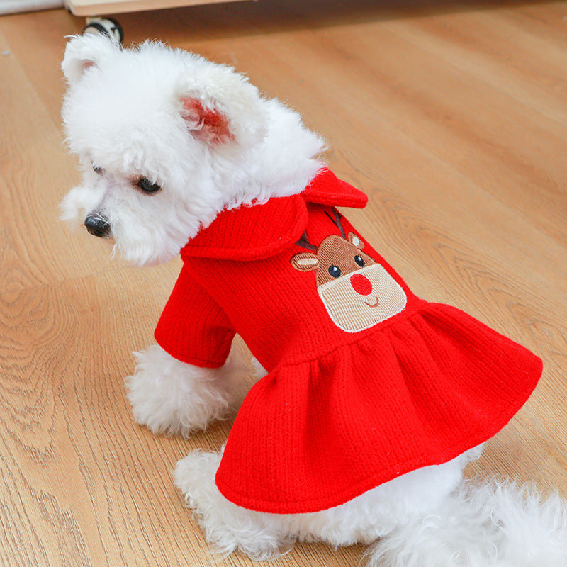 Adorable dog Christmas hoodie dress in red with reindeer design for festive pet style