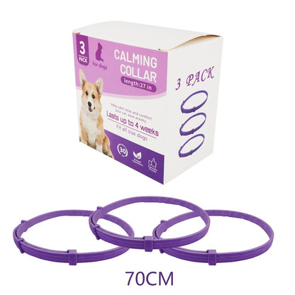Three pack of purple calming collars for cats and dogs helping reduce anxiety and stress