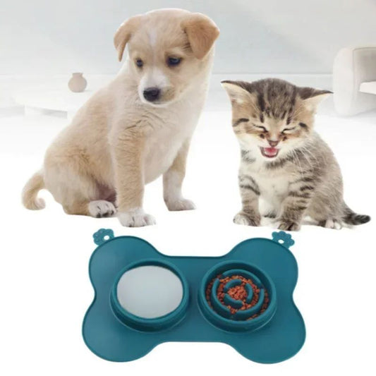 Furfamilyclub Cat Slow Eating Mat in teal with two compartments and a kitten and puppy nearby