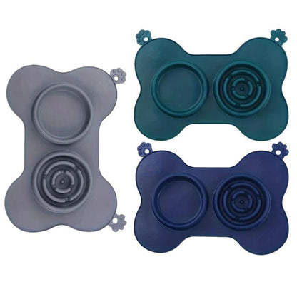 Furfamilyclub Cat Slow Eating Mat in three colors shaped like a bone with feeding and slow eating sections