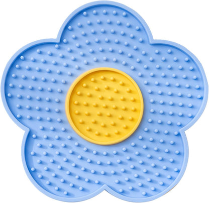 Blue and yellow flower-shaped Cats Lick Pad With Suctions for animal comfort and grooming