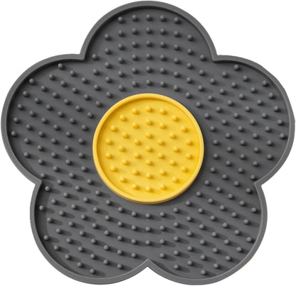 Flower-shaped Cats Lick Pad With Suctions in gray and yellow for pet comfort and grooming