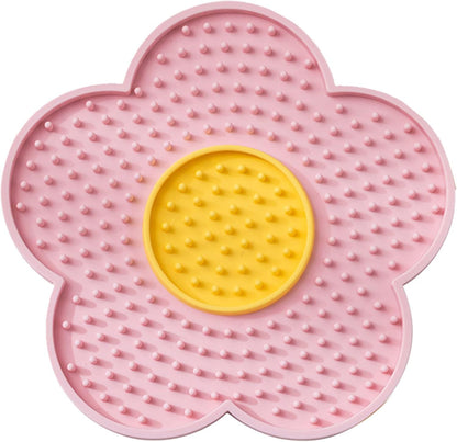 Pink and yellow flower-shaped Cats Lick Pad With Suctions for pet comfort and grooming
