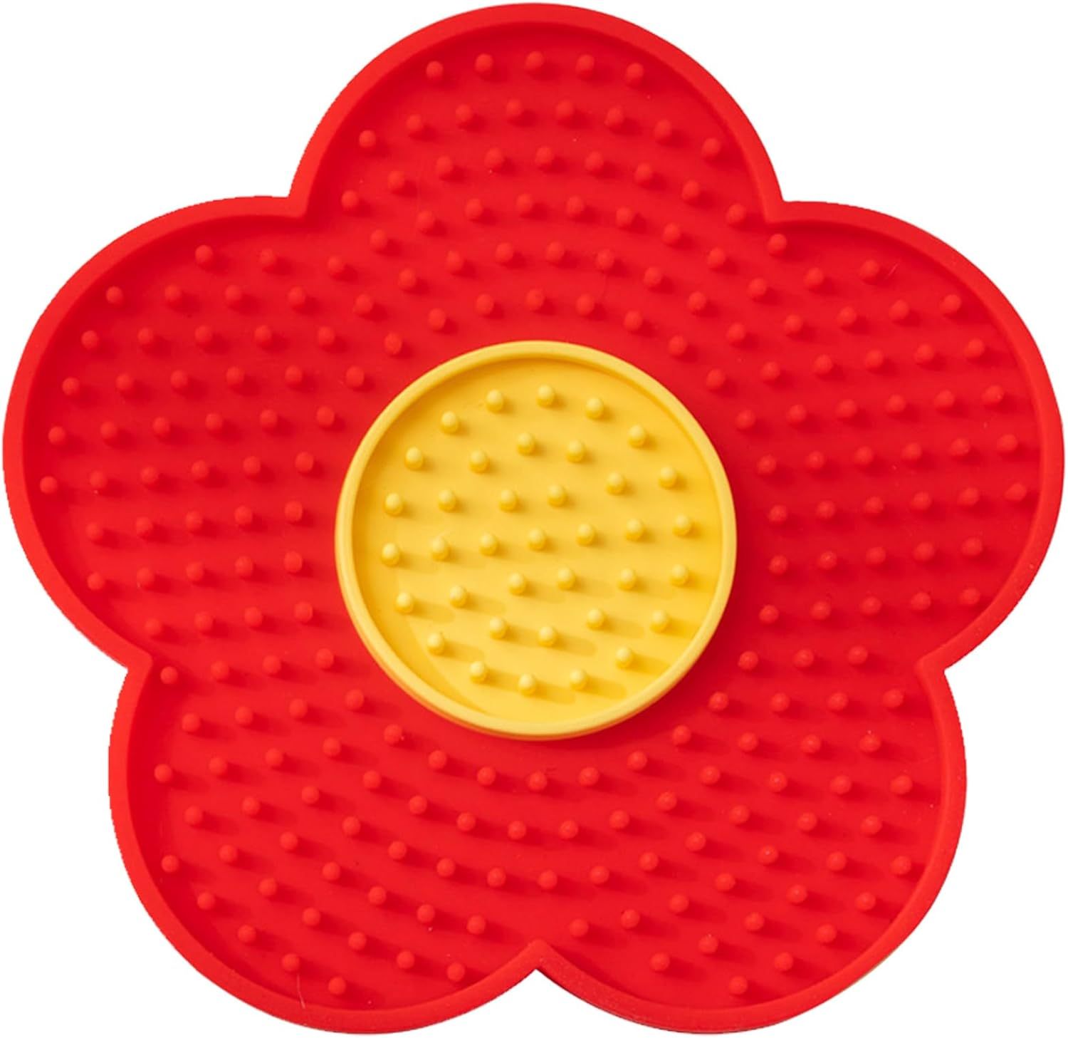 Red and yellow flower-shaped Cats Lick Pad With Suctions for pet comfort and stimulation