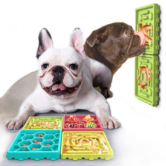 Two dogs using colorful Dog Licking Mat Slow Feeder interactive feeding mats for mental stimulation