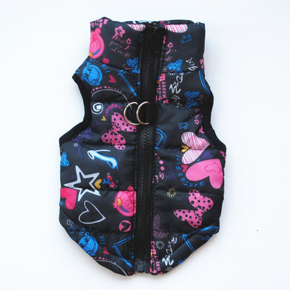 Black dog winter waistcoat with colorful heart and star patterns and front zipper closure