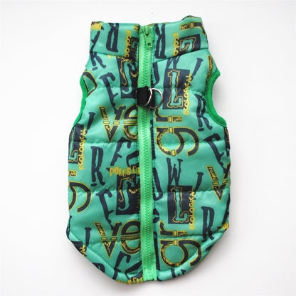Green dog winter waistcoat with black and yellow alphabet print and front zipper closure