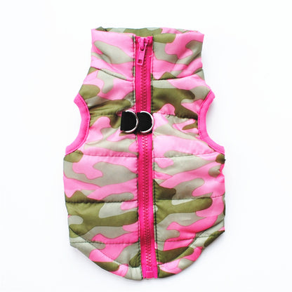 Pink and green camouflage dog winter waistcoat with front zipper and D-ring harness attachment