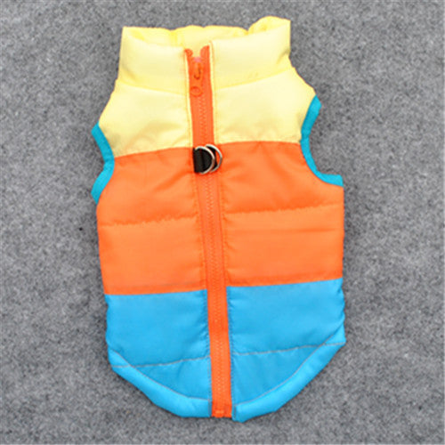 Colorful dog winter waistcoat with yellow, orange, and blue sections and front zipper closure