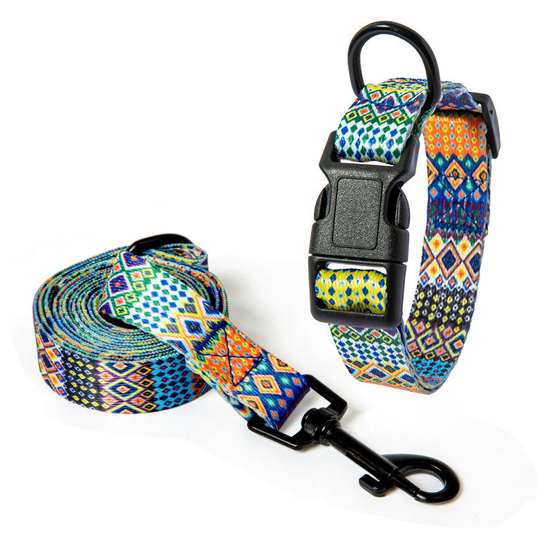 Durable Dog Leash and Collar Set with colorful geometric pattern for pet comfort and control