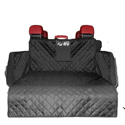 Durable travel mat for dogs in black quilted design protecting car back seat with side flaps