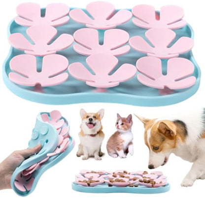 Furfamilyclub Eating Pet Calming Mat in blue and pink with flower design used by dogs and a cat