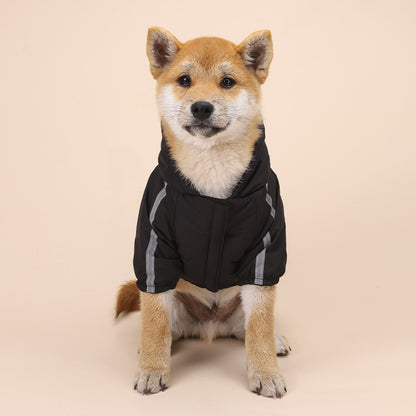 Shiba Inu dog wearing a black Fashion Dog Clothing Shell Jacket with reflective stripes for comfort