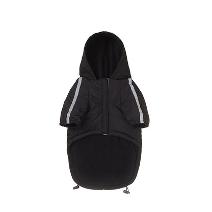 Black Fashion Dog Clothing Shell Jacket with hood and reflective stripes for pet comfort
