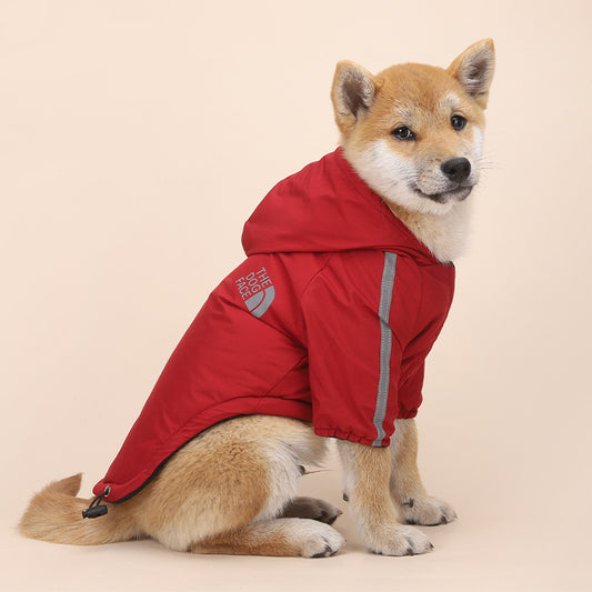 Shiba Inu puppy wearing red Fashion Dog Clothing Shell Jacket with hood and reflective stripes.