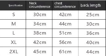 Size chart for Fashion Dog Clothing Shell Jacket showing neck circumference chest circumference and back length measurements