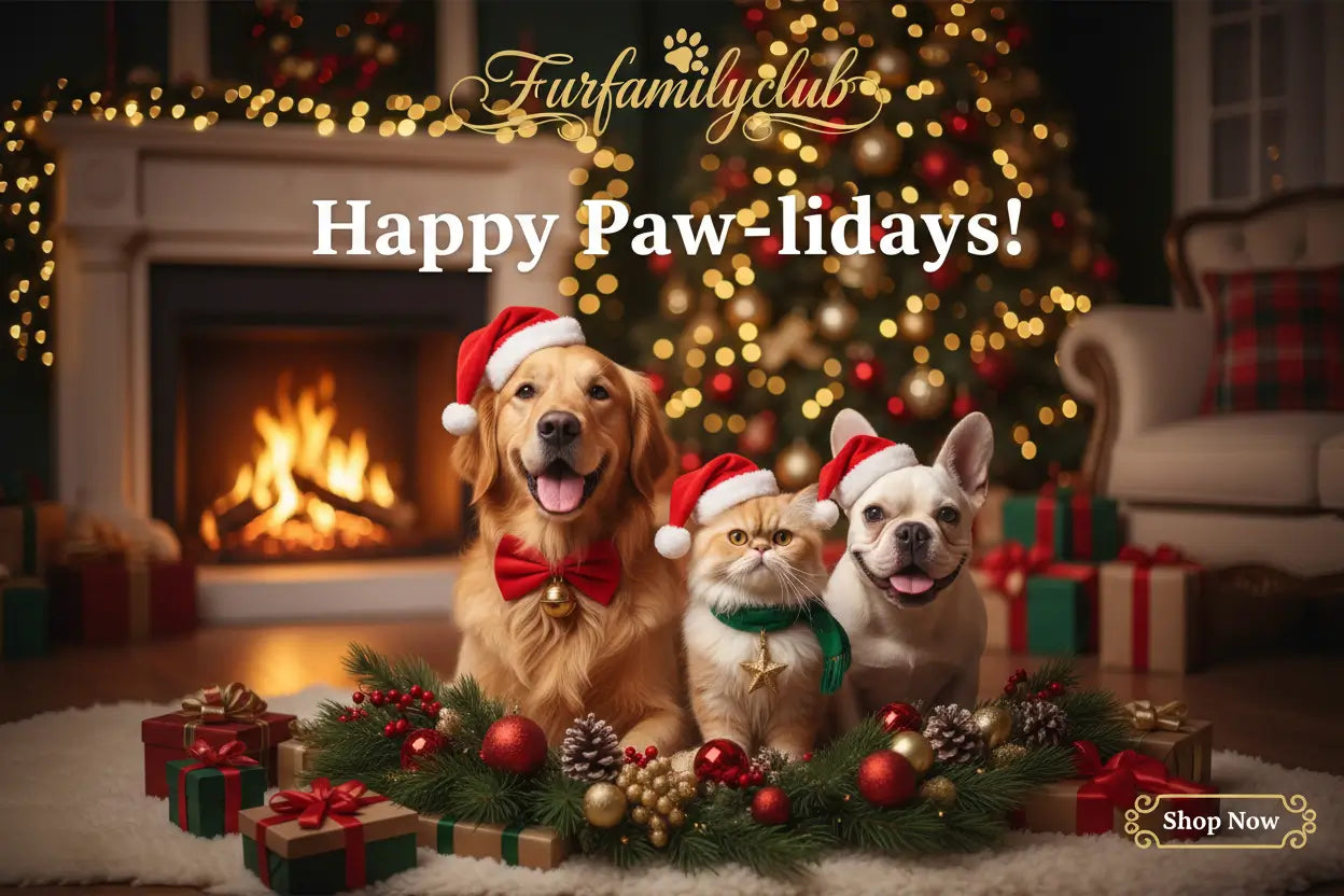 Three dogs and a cat wearing Christmas hats in front of a fireplace and decorated tree, with 'Happy Paw-lidays!' text.