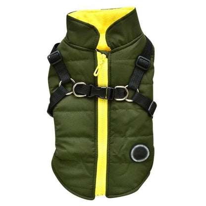 Green and yellow dog zipper jacket with black adjustable harness straps for pet comfort