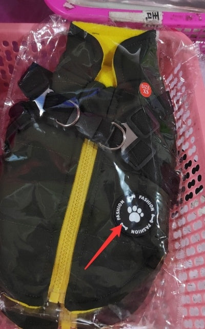Black and yellow dog zipper jacket with harness rings and fashion paw logo in size XS