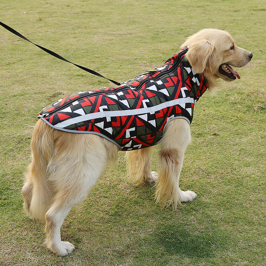Golden retriever wearing a red black and white mesh dog coat jacket on grass with leash attached