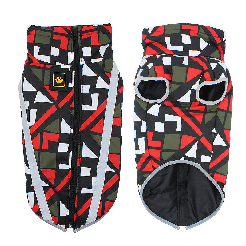 Colorful geometric patterned mesh dog coat jacket with zipper and reflective strips for pet comfort