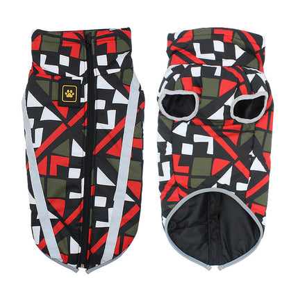 Colorful geometric patterned mesh dog coat jacket with zipper and reflective strips for pet comfort