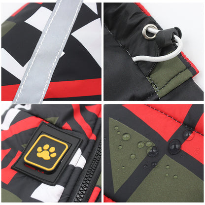 Close-up details of a mesh dog coat jacket showing reflective strip, adjustable drawstring, paw logo patch, and water-resistant fabric