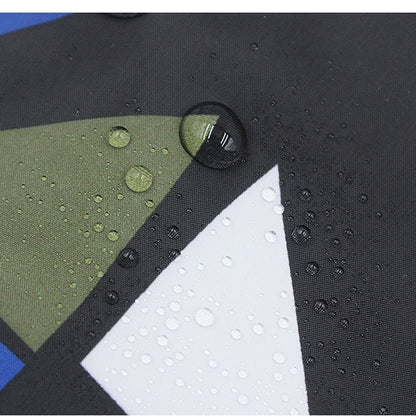 Close-up of water droplets on a colorful mesh dog coat jacket fabric showing water resistance