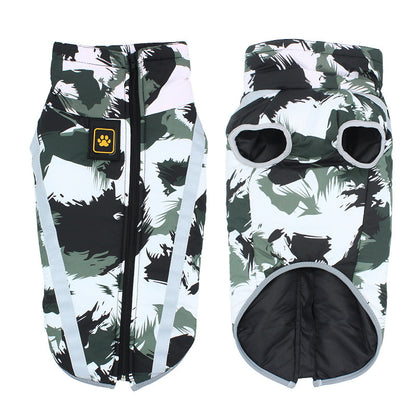 Camouflage mesh dog coat jacket with zipper and reflective strips for pet comfort and safety