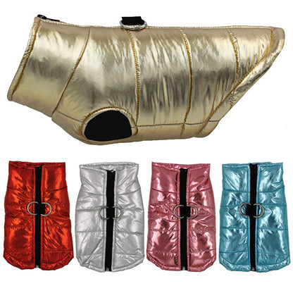 Metallic quilted puffer waterproof dog jacket in gold red silver pink and blue with front zipper and D ring