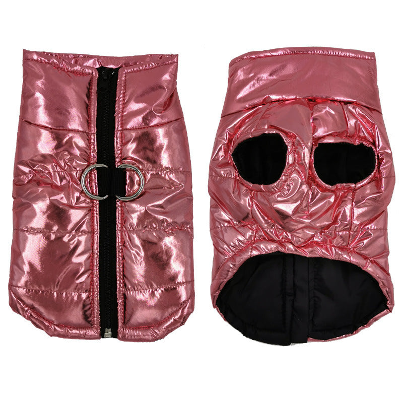 Pink metallic puffer waterproof dog jacket with front zipper D ring harness and black fleece lining