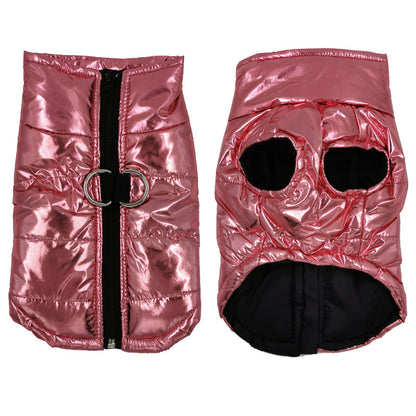 Pink metallic puffer waterproof dog jacket with front zipper D ring harness and black fleece lining