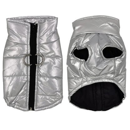 Silver metallic puffer waterproof dog jacket with front zipper and double D ring leash attachment two view