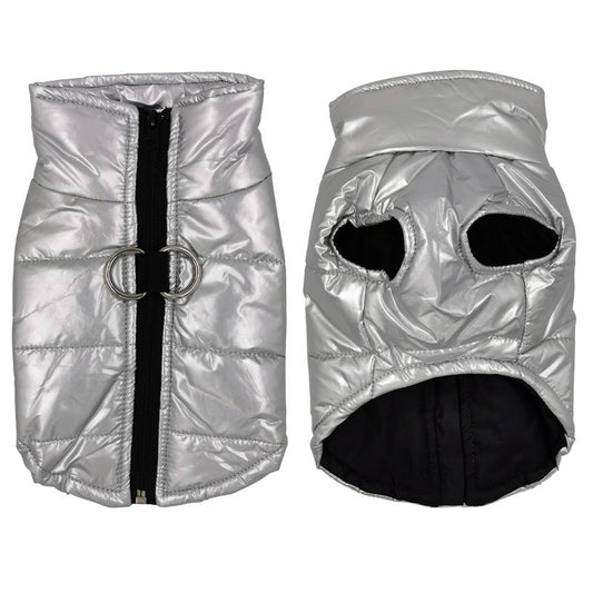 Silver metallic puffer waterproof dog jacket with front zipper and double D ring leash attachment two view