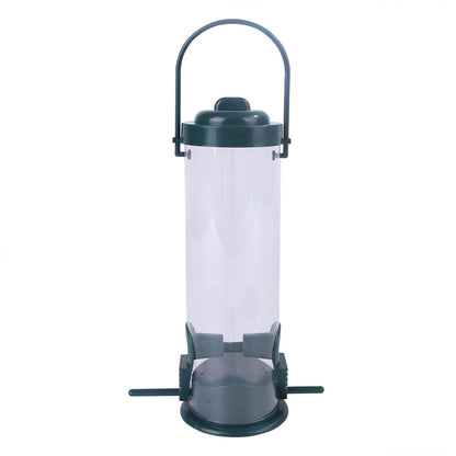 Clear and green Pet Bird Feeder Feed Station with multiple feeding ports and hanging handle for outdoor use