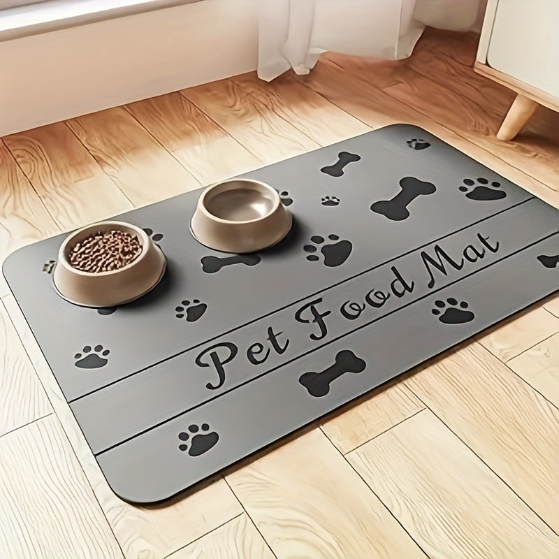 Pet food mat non slip in gray with paw prints and bone patterns, perfect for keeping feeding area clean